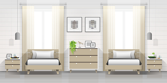 Interior background of modern bedroom with twin beds , vector , illustration