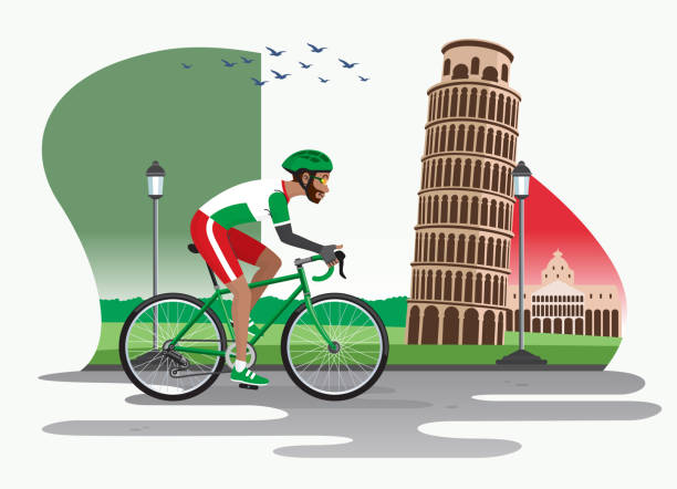 ilustraciones, imágenes clip art, dibujos animados e iconos de stock de hombre ciclismo en italia con torre pisa como fondo - torre de pisa