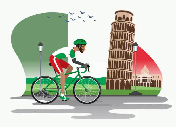 Vector illustration of man cycling in italy with pisa tower as background