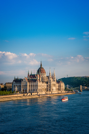 Boats Floating On The Danube With Hungarian Parliament Building In Back