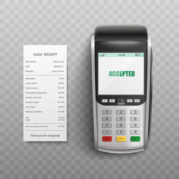 Vector illustration of Pos terminal confirming transaction by debit or credit card and paper bill.