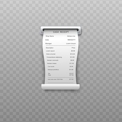 White curled paper bill or bank atm dispenser invoice going out from slit in realistic style isolated on transparent background - vector illustration of shopping receipt or retail ticket.