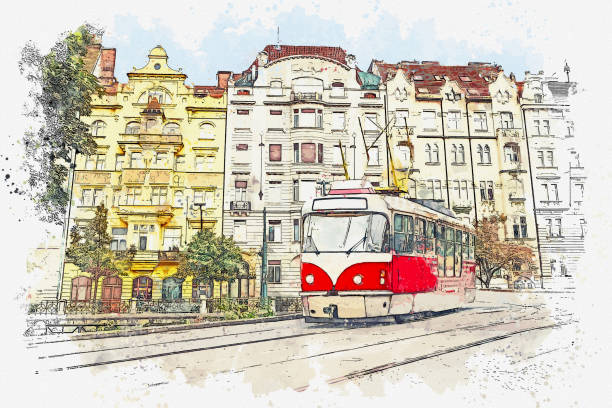 Watercolor sketch or illustration of a traditional old-fashioned tram on a street in Prague in the Czech Republic.