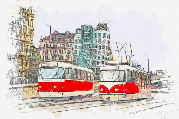 Watercolor sketch or illustration of traditional old-fashioned trams on a street in Prague in the Czech Republic.
