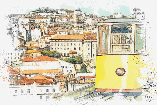 Watercolor sketch or illustration of a traditional yellow tram on a street in Lisbon in Portugal.