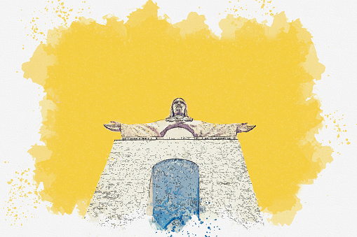 Watercolor sketch or illustration of the statue of Jesus Christ in Lisbon in Portugal.