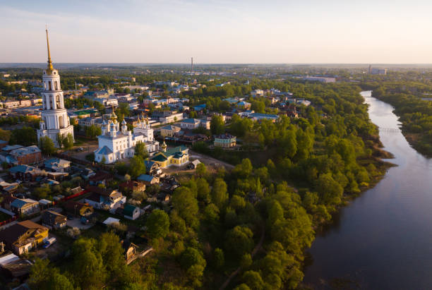 View from drone of Shuya Resurrection cathedral Scenic view from drone of Shuya Orthodox Resurrection cathedral with standalone bell tower on background with Teza River and cityscape, Russia ivanovo oblast photos stock pictures, royalty-free photos & images