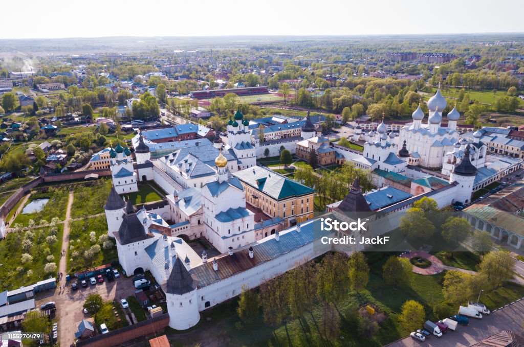 Aerial view of  city of Rostov-on-don with monastery and river Don Panoramic aerial view of  city of Rostov-on-don with monastery and river Don,  Russia Rostov-on-Don Stock Photo
