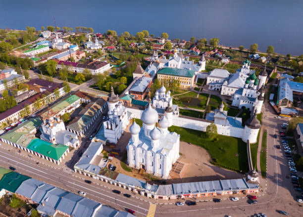 Aerial view of  city of Rostov-on-don with monastery and river Don Panoramic aerial view of  city of Rostov-on-don with monastery and river Don,  Russia rostov on don stock pictures, royalty-free photos & images