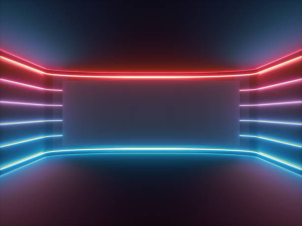istock 3d render, red blue neon light, glowing lines, blank horizontal screen, ultraviolet spectrum, empty room, abstract background 1155272595