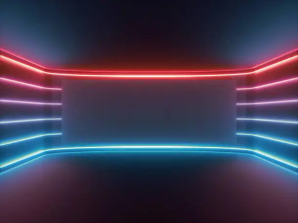 Photo of 3d render, red blue neon light, glowing lines, blank horizontal screen, ultraviolet spectrum, empty room, abstract background