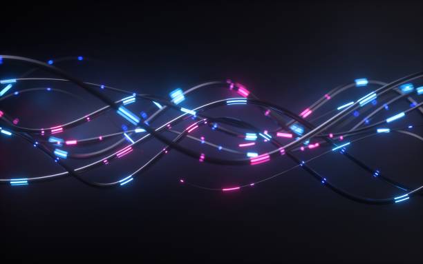 rendering 3d, sfondo astratto, impulso di luce al neon blu rosa che passa attraverso i cavi, trasferimento di big data, rete - fiber optic cable computer network abstract foto e immagini stock