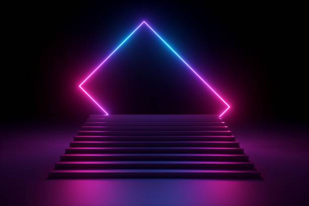 istock 3d render, abstract pink blue violet neon background, music performance stage, glowing polygonal shape over stairs, blank banner, ultraviolet spectrum, laser show 1155272611