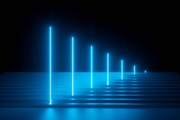 istock 3d render, abstract blue neon background, glowing vertical lines, illuminated stairs, fashion podium, performance stage 1155272616