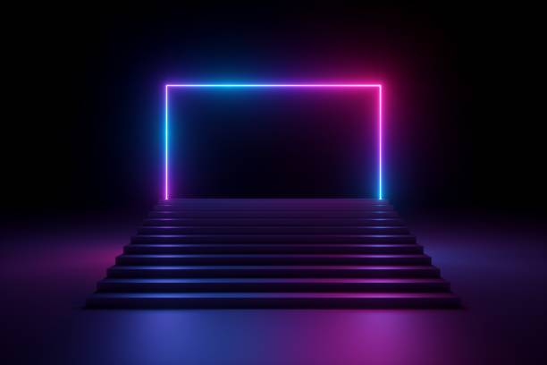 istock 3d render, abstract pink blue violet neon background, music performance stage, glowing rectangular arch over stairs, blank banner, ultraviolet spectrum, laser show 1155272623