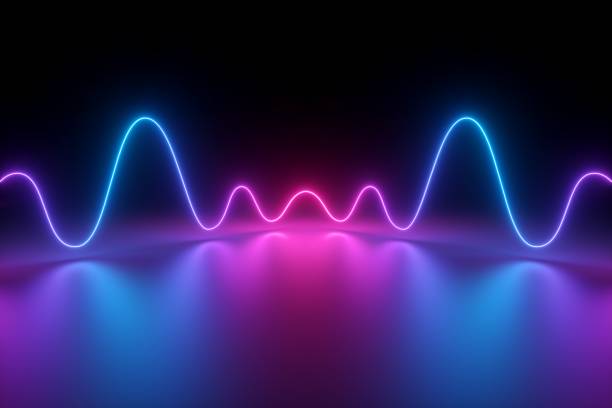 3d render, abstract background, glowing dynamic wavy lines on the floor, pink blue neon light, ultraviolet spectrum - light electricity abstract energy imagens e fotografias de stock