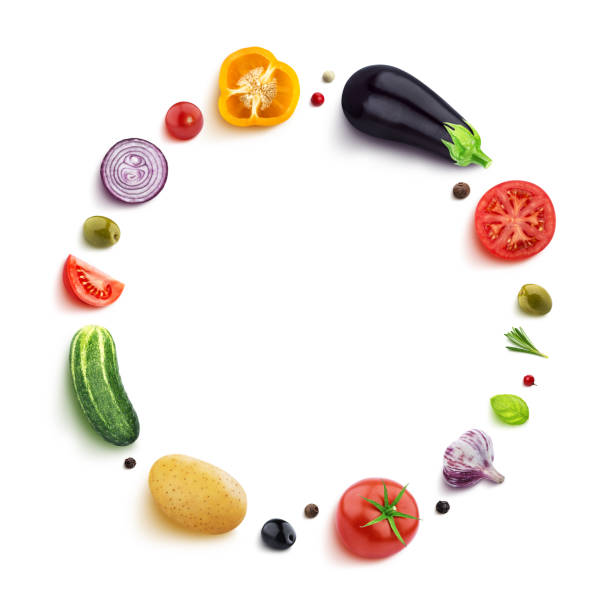 istock Vegetables isolated on white background, top view, round frame of vegetable with empty space for text 1155272831