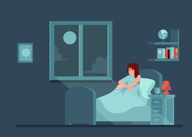 illustrazioni stock, clip art, cartoni animati e icone di tendenza di vector donna infelice con insonnia a letto - insonnia
