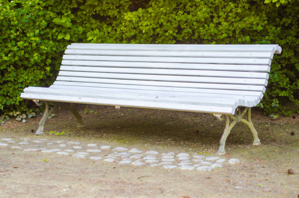 Empty white bench in a park. White bench in the green garden