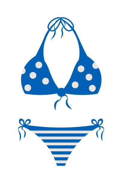 Swimsuit vector cartoon illustration Swimsuit vector cartoon illustration. Polka dot bra and striped bikini flat clipart. Swimming clothes. Summer woman beachwear for holidays. Beach vacation clothing. Isolated design element polka dot bathing suit stock illustrations