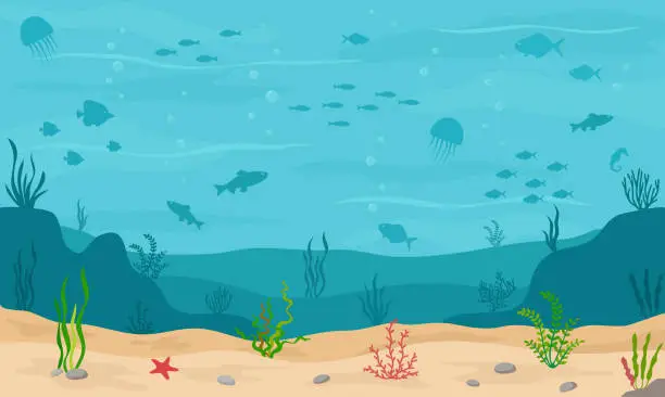 Vector illustration of Sea underwater background. Marine sea bottom with underwater plants, corals and fishs.