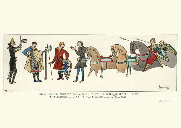 illustrazioni stock, clip art, cartoni animati e icone di tendenza di guerrieri normanni di guglielmo il conquistatore, 1066 - stile normanno
