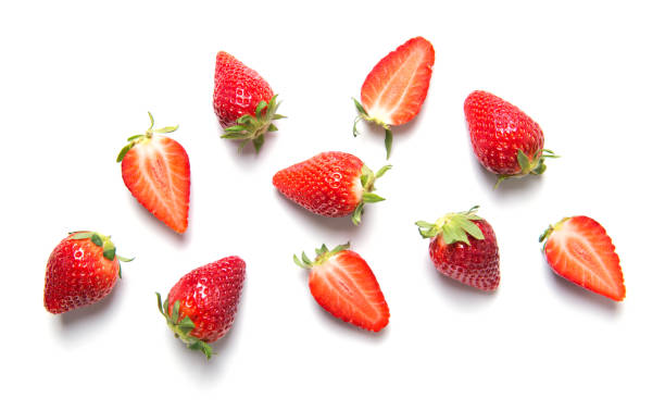 istock Ripe strawberries isolated on white background, berry pattern, top view 1155278675