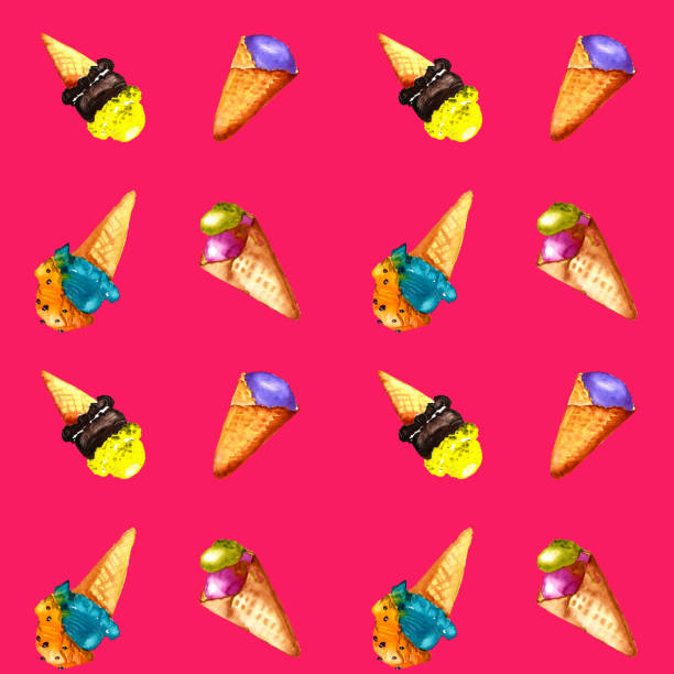 istock Seamless pattern ice cream watercolor summer set. Hand drawn illustration fruit ice cream in a waffle cone isolated on coral pink background 1155280357
