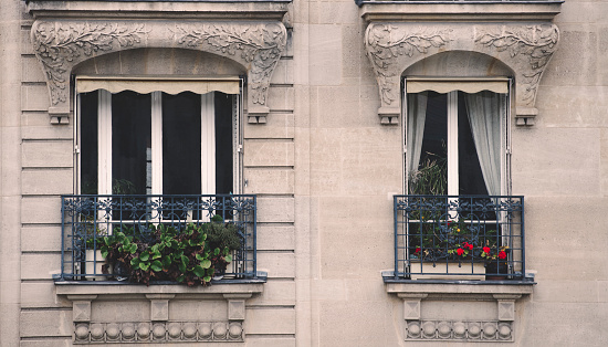 horizontal image of two old windows and flower boxes in Paris, France