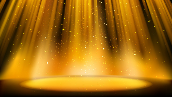 Empty golden scene with a dark background, place lit by bright golden spotlight, shiny sparkling particles. Colorful amber backdrop for catchy design
