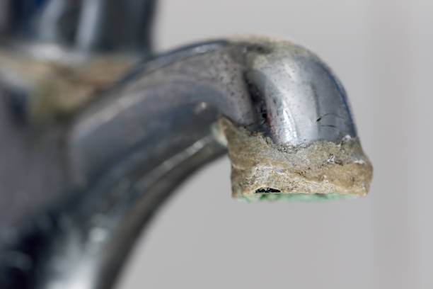 Close-up of limescale build-up. Selective focus on hard water deposit. Close-up of limescale build-up. Selective focus on hard water deposit on old tap spout. Chrome kitchen or bathroom faucet with crusty calcium carbonate needing descaler. ian stock pictures, royalty-free photos & images