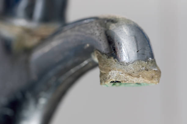 close-up of limescale build-up. selective focus on hard water deposit. - harsh conditions imagens e fotografias de stock