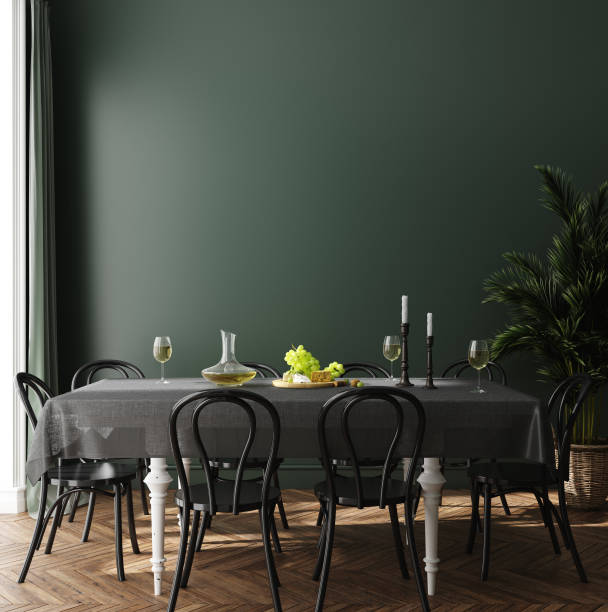 Poster, wall mock up in dark green dining room interior Poster, wall mock up in dark green dining room interior, 3d render dining room stock pictures, royalty-free photos & images