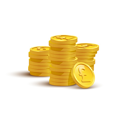 Gold coins with pound sign flat vector illustration. Savings, investment symbol. Currency of UK, foreign money. Financial growth concept. Stack of golden coins isolated on white background