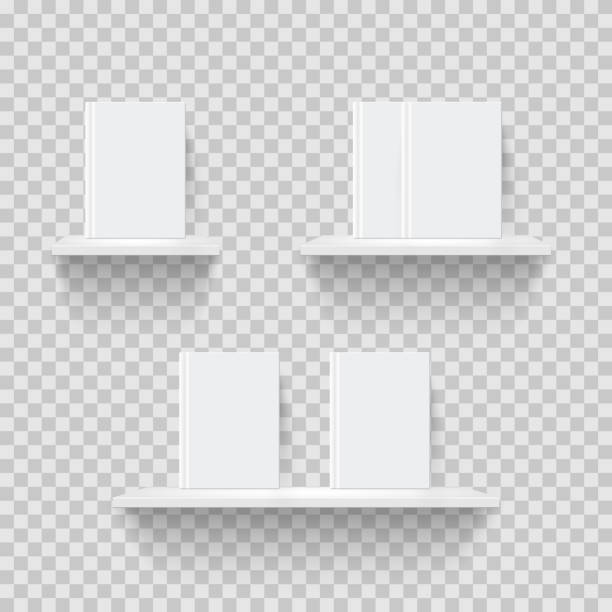 Decorative bookshelves realistic vector illustration Decorative bookshelves realistic vector illustration. Rack mockup front view. 3D shelves with blank books on transparent background. Office, interior decor, bookstore showcase isolated design elements book display stock illustrations