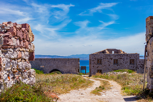 Carloforte, Carbonia-Iglesias, Sardinia, Italy - May 24, 2017: View of the vestiges of an old abandoned tonnara near the ancient village, in spring.