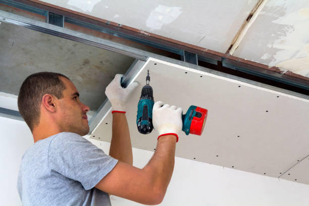 istock Construction worker assemble a suspended ceiling with drywall and  fixing the drywall to the ceiling metal frame with screwdriver. 1155293469