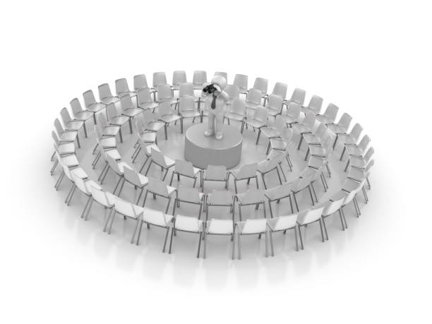 istock Circle of Chairs and Business Character with Binoculars - 3D Rendering 1155294189