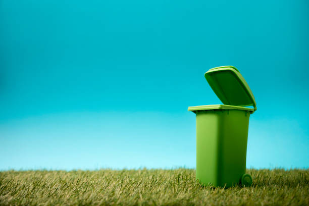 緑の草と青空にグリーンのごみ箱 - green waste ストックフォトと画像