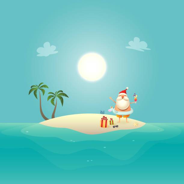 ilustrações de stock, clip art, desenhos animados e ícones de santa claus with unicorn swim ring celebrate summer at sandy island - christmas in june background - christmas beach sun tropical climate