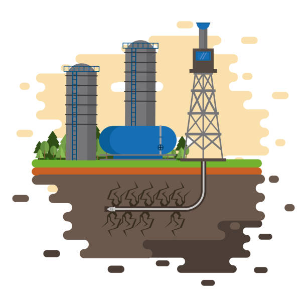 illustrazioni stock, clip art, cartoni animati e icone di tendenza di industria petrolifera e progettazione di spruzzi di macchinari - fracking exploration gasoline industry