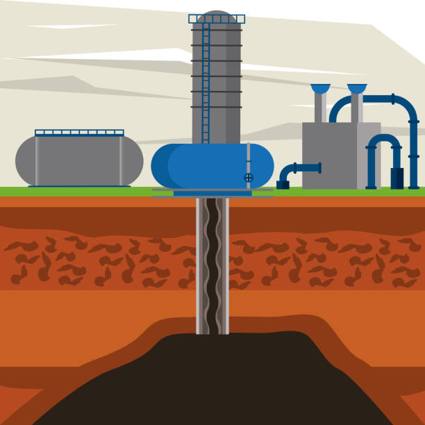 illustrazioni stock, clip art, cartoni animati e icone di tendenza di industria petrolifera e macchinari - fracking exploration gasoline industry