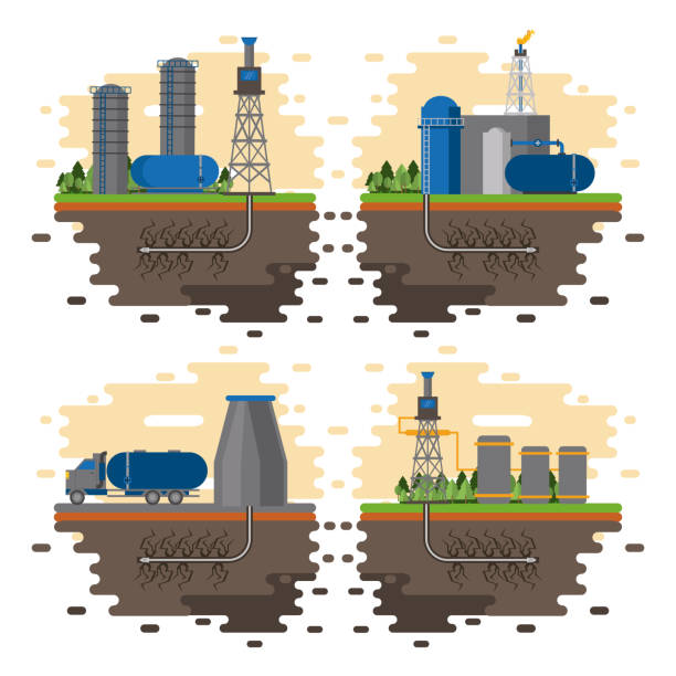 illustrazioni stock, clip art, cartoni animati e icone di tendenza di zona di fracking ed emblemi dell'industria petrolifera - fracking exploration gasoline industry