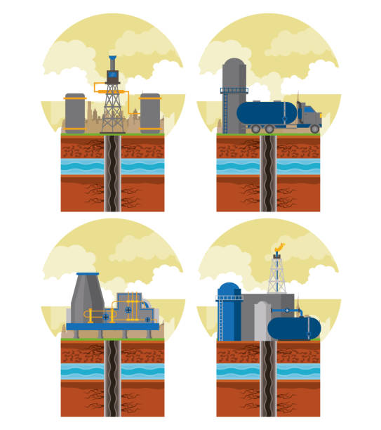 illustrazioni stock, clip art, cartoni animati e icone di tendenza di zona di fracking ed emblemi dell'industria petrolifera - fracking exploration gasoline industry