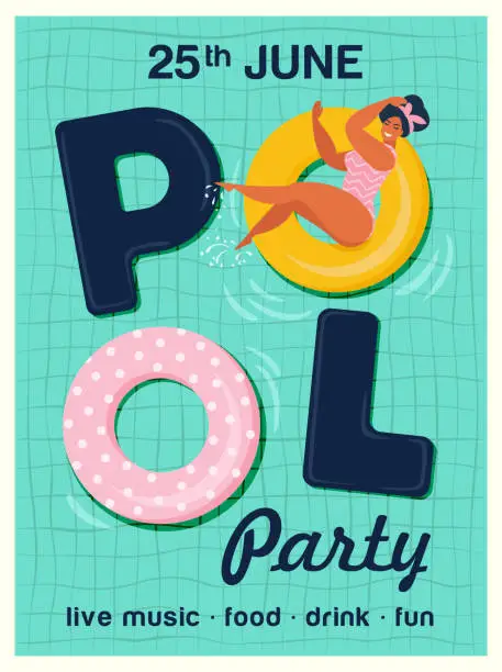 Vector illustration of Pool party invitation vector illustration. Top view of swimming pool with pool floats.