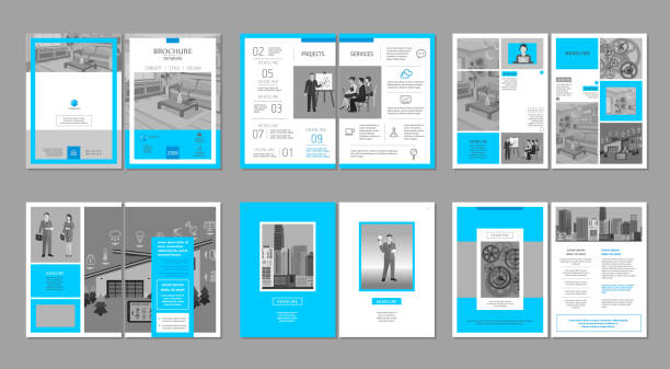 Brochure creative design. Multipurpose template, include cover, back and inside pages. Trendy minimalist flat geometric design. Vertical a4 format. minimal magazine layout stock illustrations