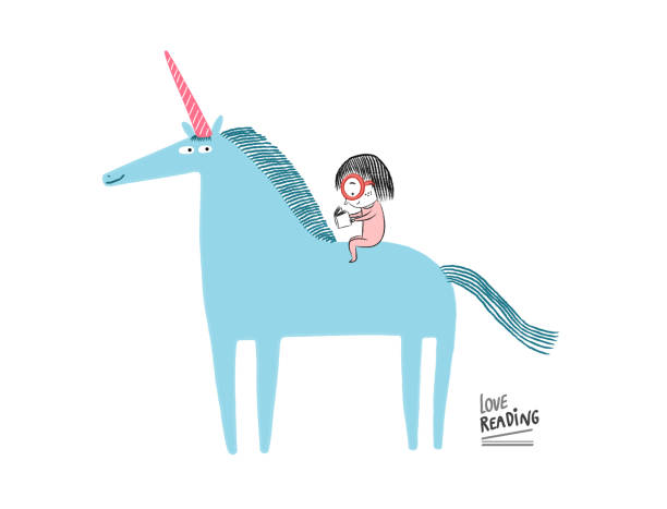 Girl reading Love reading, little girl reading with a unicorn little cute cartoon fantasy unicorn stock illustrations