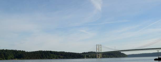 такома узкий мост против облачного неба - water tranquil scene puget sound cloudscape стоковые фото и изображения