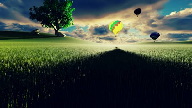istock Hot air balloon flight at sunset over endless green fields. Beautiful nature and Summer landscape. 3D Rendering 1155311268