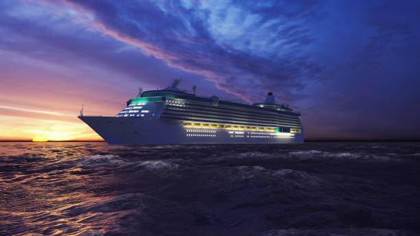 Luxury cruise ship sailing from the port at sunrise across the ocean. Beautiful summer background. 3D Rendering Luxury cruise ship sailing from the port at sunrise across the ocean. cruise ship stock pictures, royalty-free photos & images